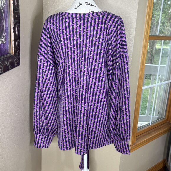 Liz Claiborne Shirt Womens 3X Bright Violet Geo V-Neck Tie Front Long Sleeve - Picture 3 of 16